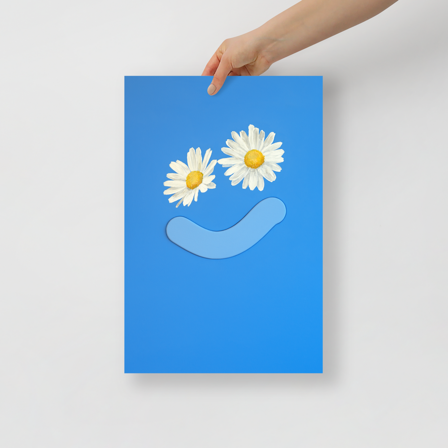 Blue poster featuring a daisy-eyed smiley face from Okay Bouquet 08, ideal for color therapy. Painted by Jahn Page, Okay Bouquet series.