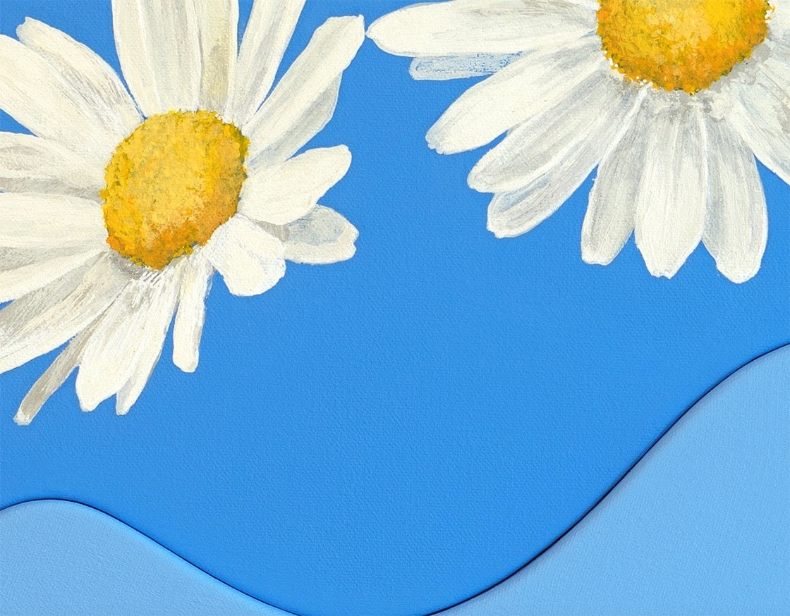 Two white daisies in Okay Bouquet 08, perfect for color therapy and inspiring decor. Painted by Jahn Page, Okay Bouquet series.