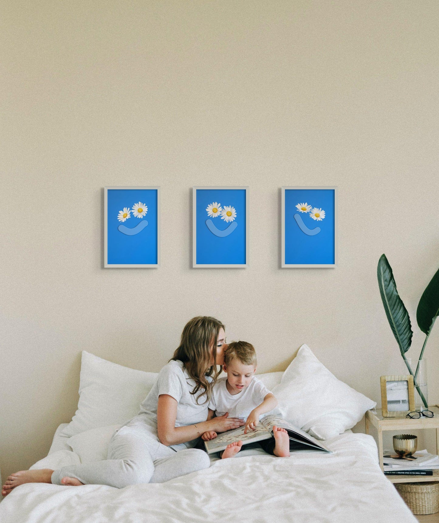 Mother and child reading on bed with Okay Bouquet 09 flower alternative and color therapy.