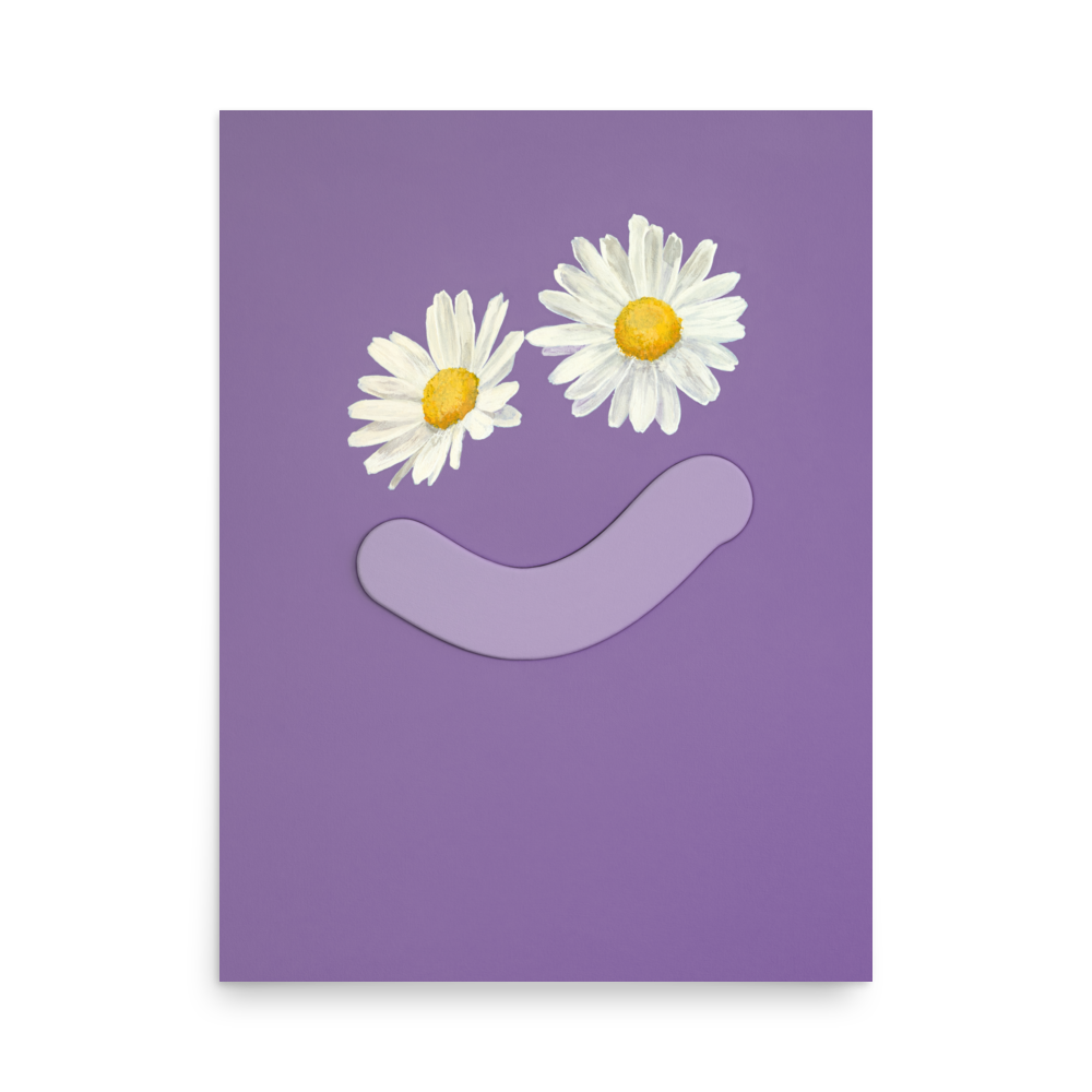 Purple poster with daisy eyes and smile from Okay Bouquet 08, a vibrant flower alternative. Painted by Jahn Page, Okay Bouquet series.