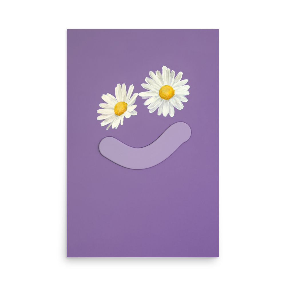 Purple smiley face with daisy eyes in Okay Bouquet 08, a colorful flower alternative. Painted by Jahn Page, Okay Bouquet series.