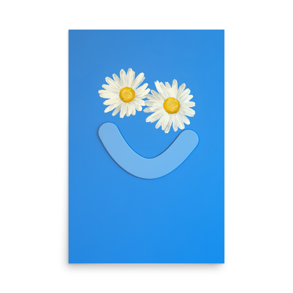 Blue poster with daisy eyes and smile from Okay Bouquet 08, a cheerful flower alternative. Painted by Jahn Page, Okay Bouquet series.