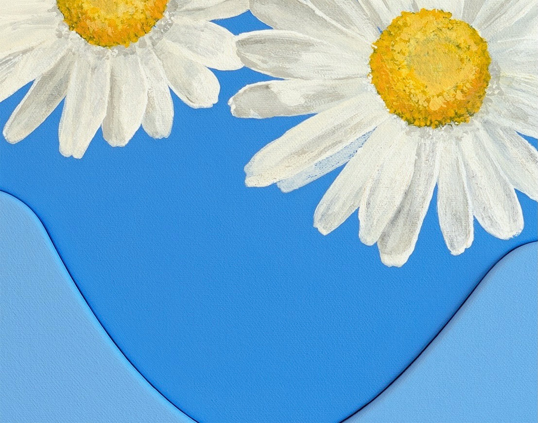 Two white daisies in Okay Bouquet 08, perfect for color therapy and inspiring decor. Painted by Jahn Page, Okay Bouquet series.