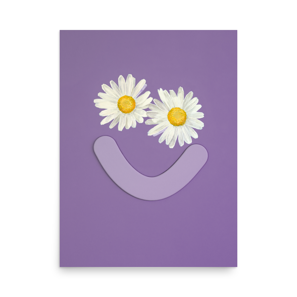 Purple poster with daisy eyes and smile from Okay Bouquet 08, a vibrant flower alternative. Painted by Jahn Page, Okay Bouquet series.
