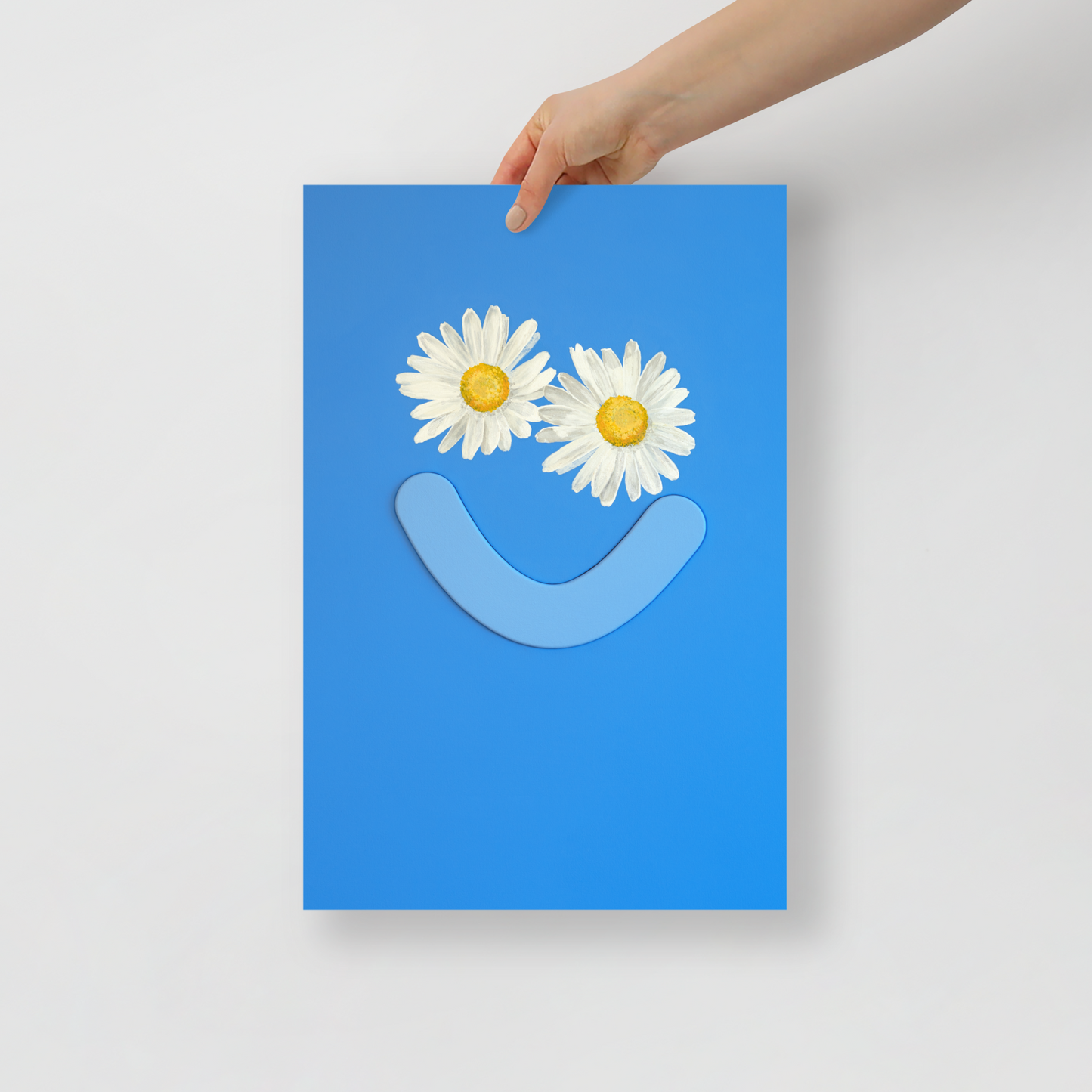 Blue poster featuring a daisy-eyed smiley face from Okay Bouquet 08, ideal for color therapy. Painted by Jahn Page, Okay Bouquet series.