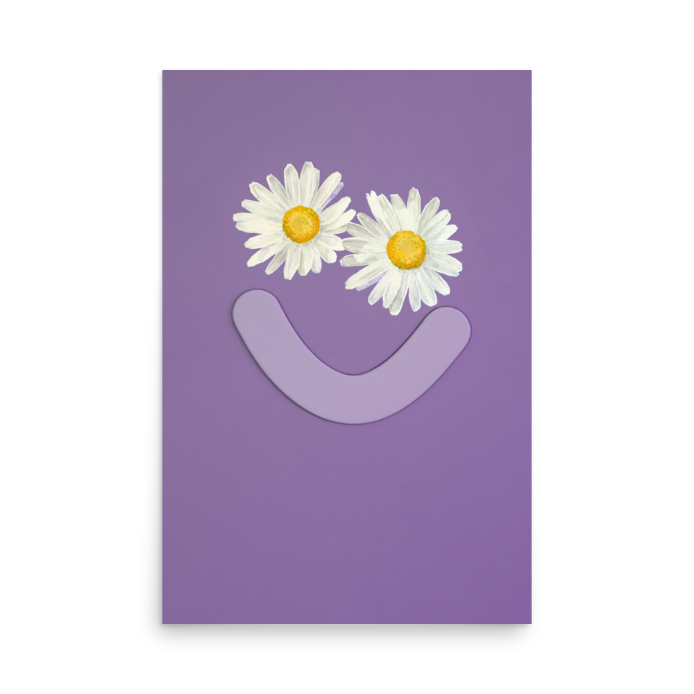 Purple smiley face with daisy eyes in Okay Bouquet 08, a colorful flower alternative. Painted by Jahn Page, Okay Bouquet series.