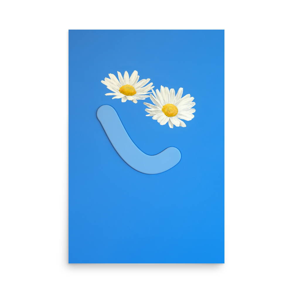 Blue poster with daisy eyes and smile from Okay Bouquet 08, a cheerful flower alternative. Painted by Jahn Page, Okay Bouquet series.