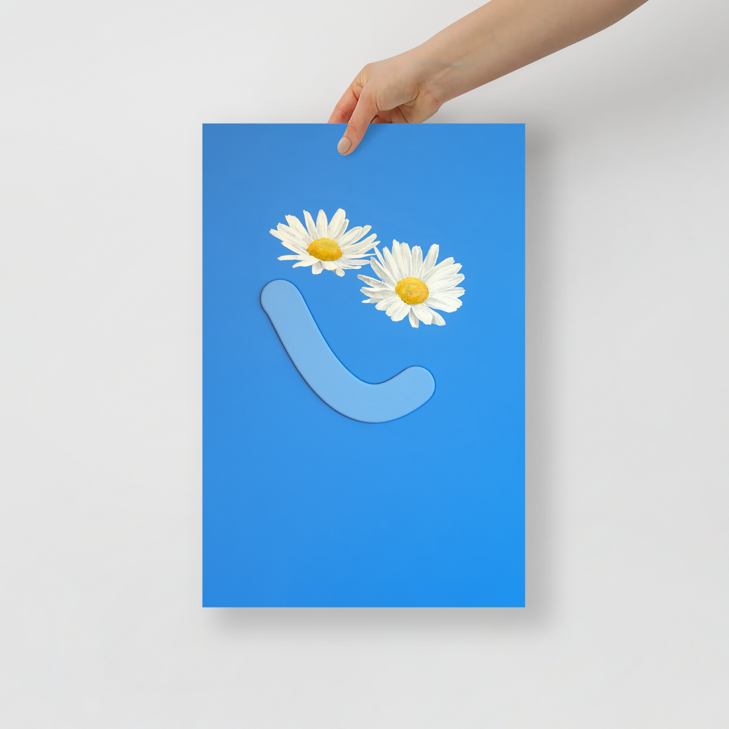 Blue poster featuring a daisy-eyed smiley face from Okay Bouquet 08, ideal for color therapy. Painted by Jahn Page, Okay Bouquet series.
