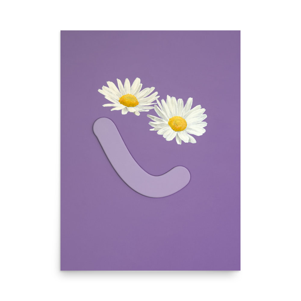 Purple poster with daisy eyes and smile from Okay Bouquet 08, a vibrant flower alternative. Painted by Jahn Page, Okay Bouquet series.