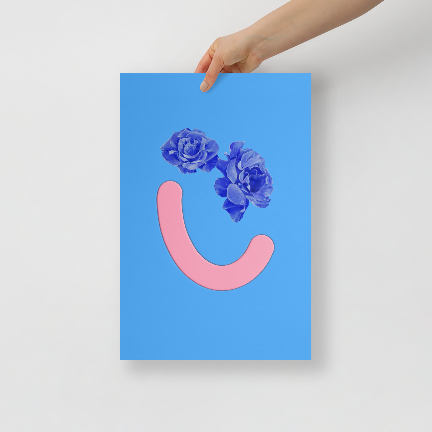 Blue poster of original artwork with floral eyes and pink smile for color therapy. Painted by Jahn Page, Okay Bouquet series.