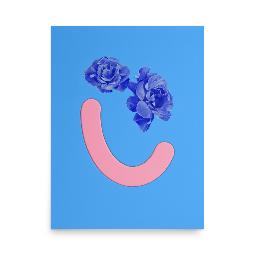 Blue poster with floral eyes and pink smile, original artwork in Okay Bouquet 10. Painted by Jahn Page, Okay Bouquet series.