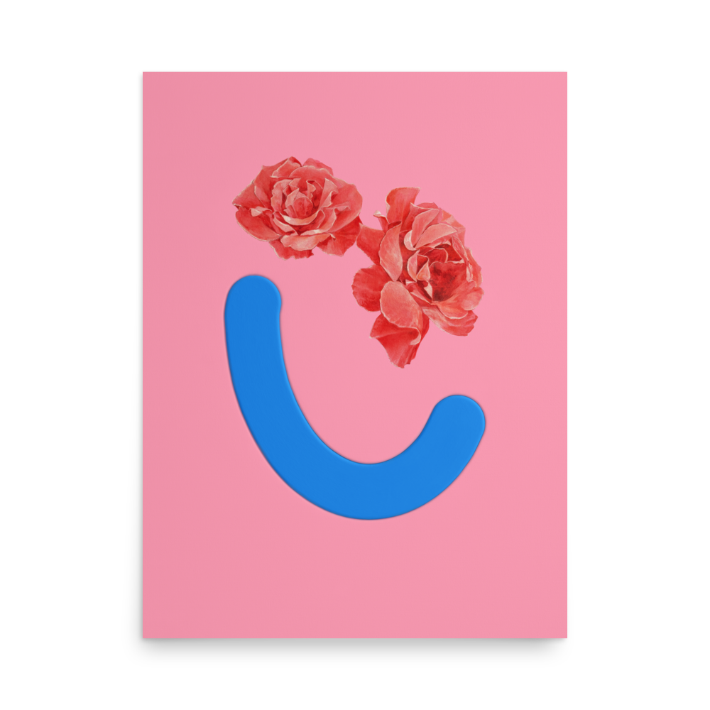 Okay Bouquet 10 features original artwork of a pink background with floral eyes and blue smile. Painted by Jahn Page, Okay Bouquet series.