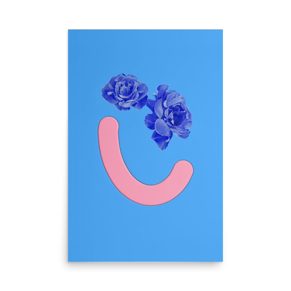 Poster of a blue floral smiley face from original artwork in Okay Bouquet 10, a unique flower alternative. Painted by Jahn Page, Okay Bouquet series.