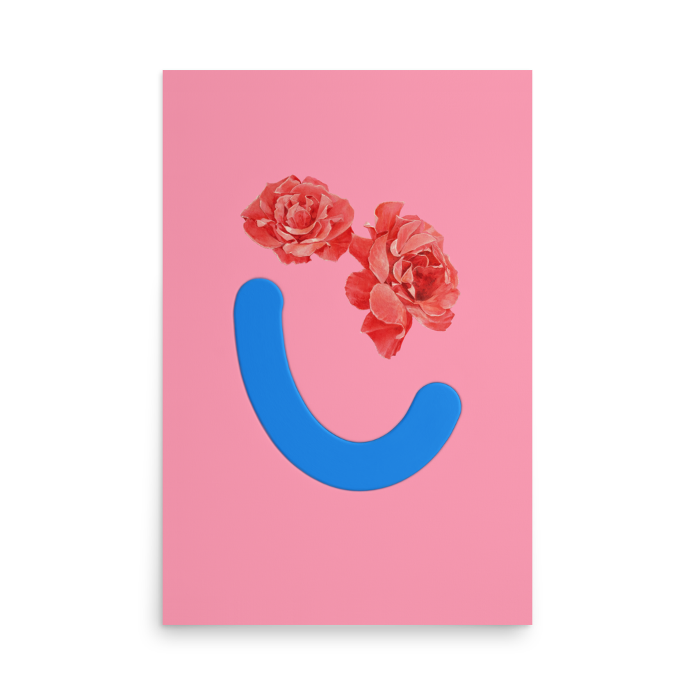 Pink poster with floral smiley face in Okay Bouquet 10, showcasing original artwork painted by Jahn Page, Okay Bouquet series.