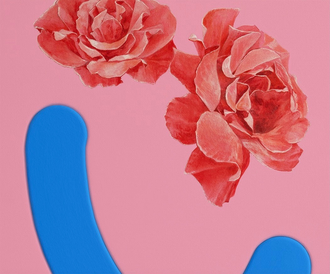 Two red roses and a blue smile on a poster of Okay Bouquet 10, a unique flower alternative. Painted by Jahn Page, Okay Bouquet series.