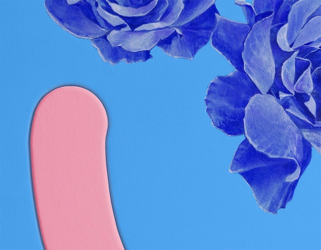 Blue floral arrangement featuring a pink smile. Painted by Jahn Page, Okay Bouquet series.