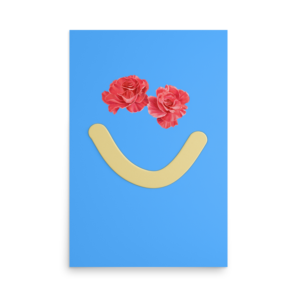 Blue poster with floral eyes and yellow smile from Okay Bouquet 13, a flower alternative