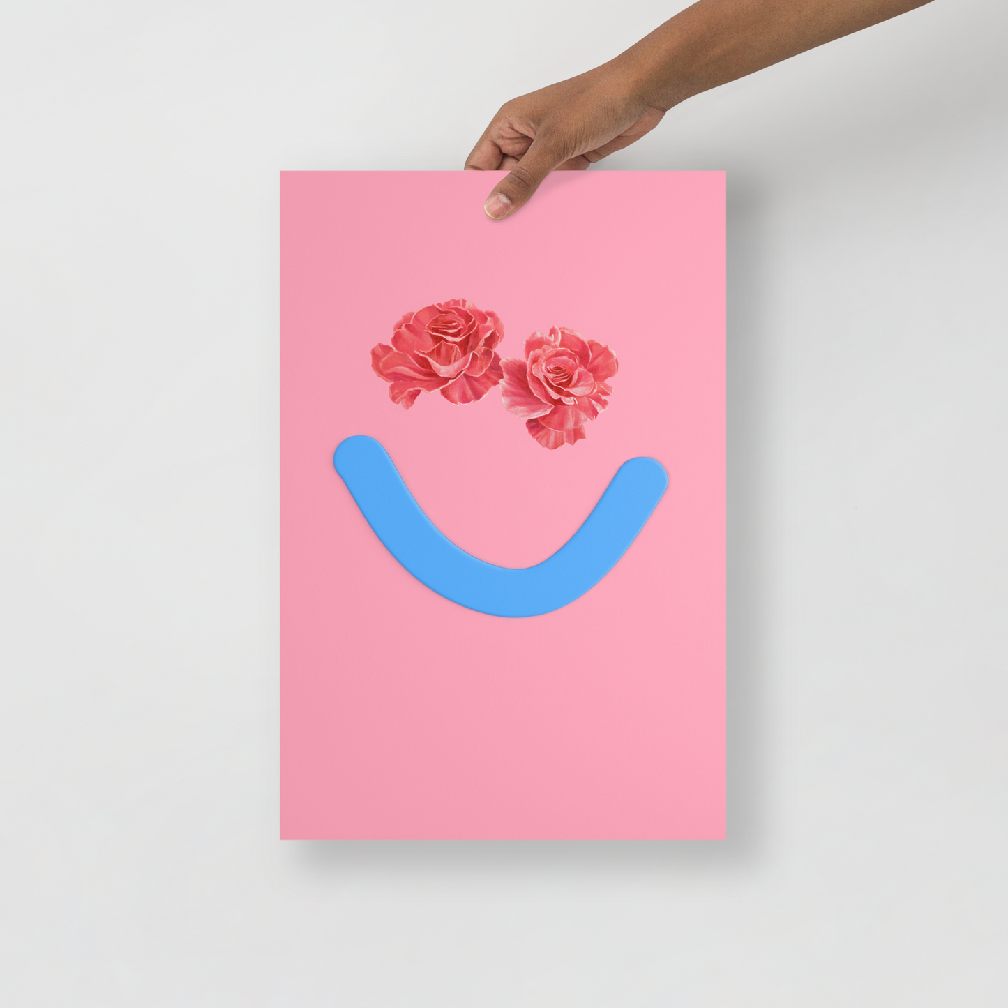 Pink poster with floral eyes and blue smile for color therapy and motivating mood.