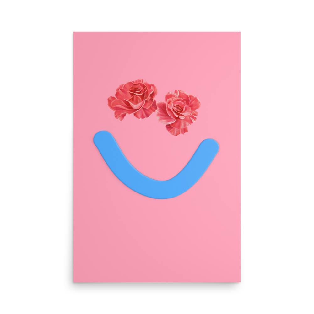 Okay Bouquet 13 features a pink background with floral eyes and a blue smile for radiant color therapy