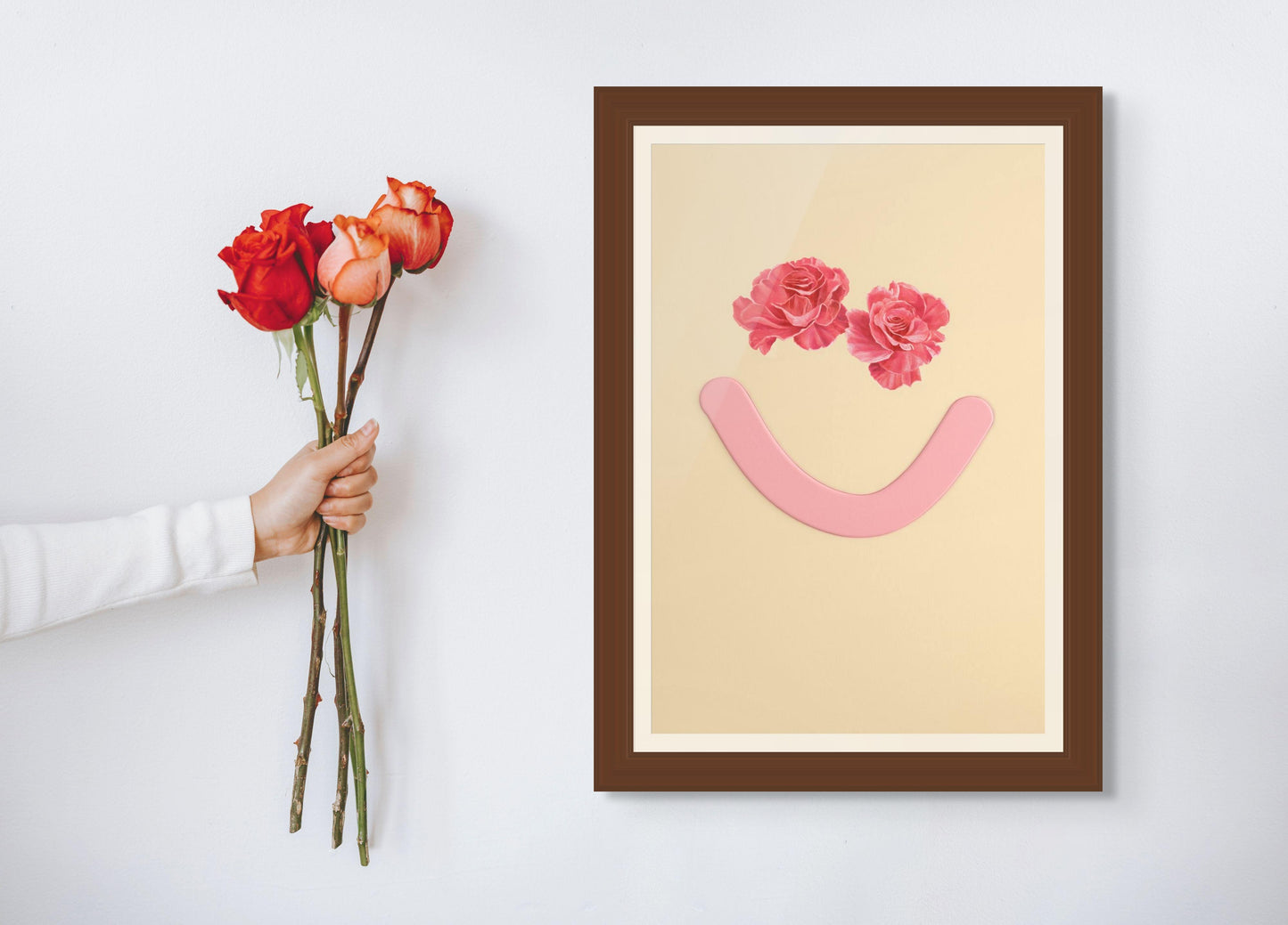 Framed floral smiley face in Okay Bouquet 13 for uplifting color therapy decor. Painted by Jahn Page, Okay Bouquet series.