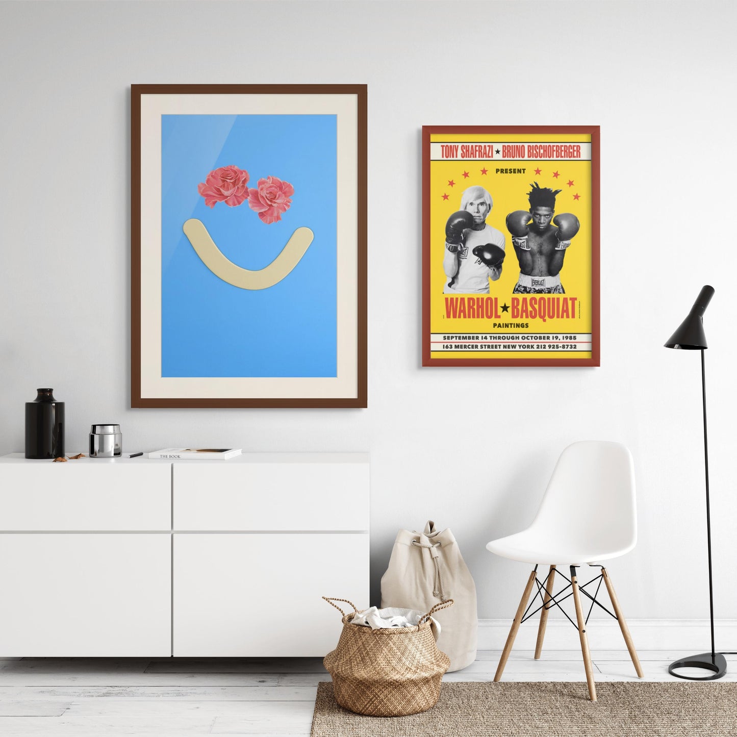 Interior decor featuring framed art from Okay Bouquet 13 with motivating posters of Jahn Page's heroes - Andy Warhol and Jean-Michele Basquiat.