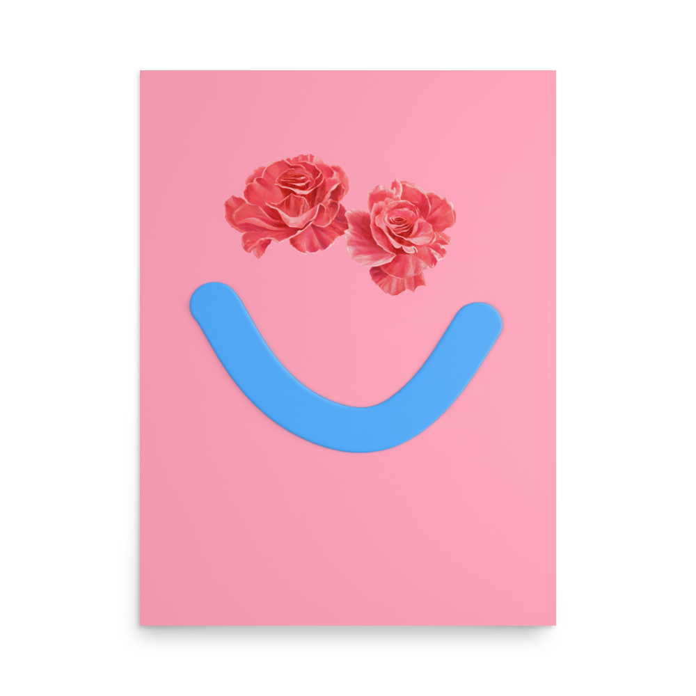 Pink card with floral eyes and blue smile from Okay Bouquet 13, a colorful flower alternative.