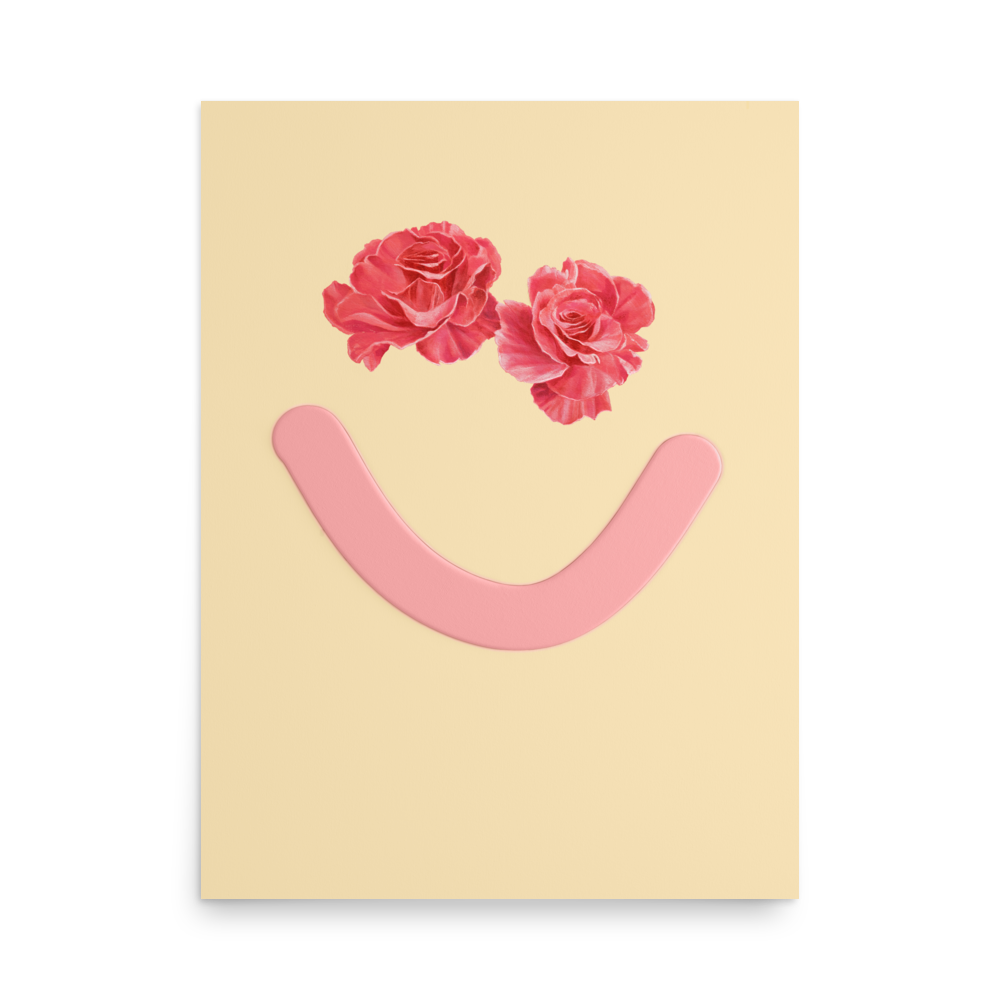 Cream-coloued poster featuring a rosey-eyed smiley face from Okay Bouquet 13, ideal for childrens decor, positive artwork, affirmation. Painted by Jahn Page, Okay Bouquet series.