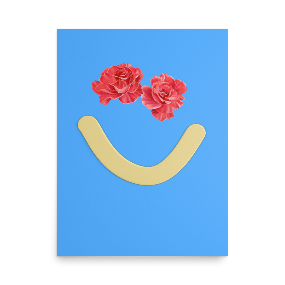 Blue poster with floral eyes and smile from Okay Bouquet 13, a charming flower alternative