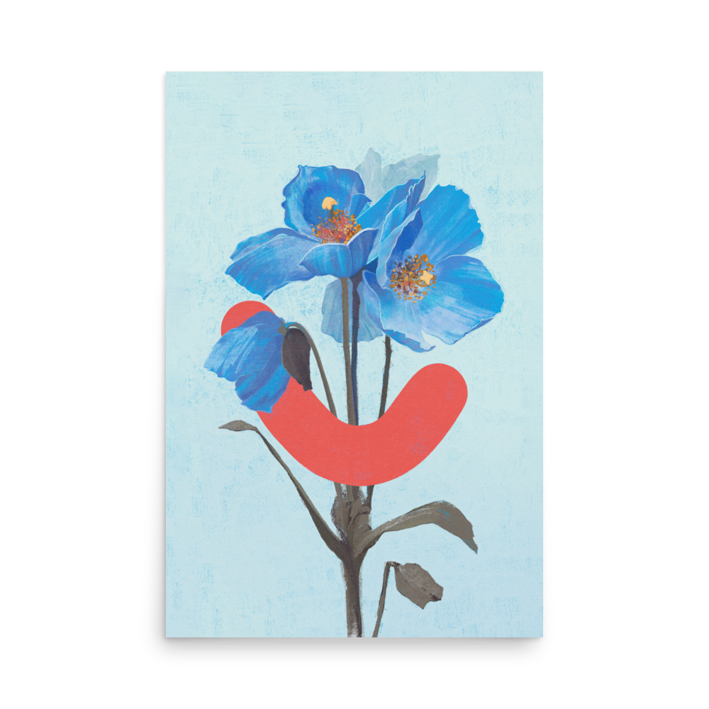 Blue poppy floral art in Okay Bouquet 16, a vibrant flower alternative for color therapy in any home, office or school.