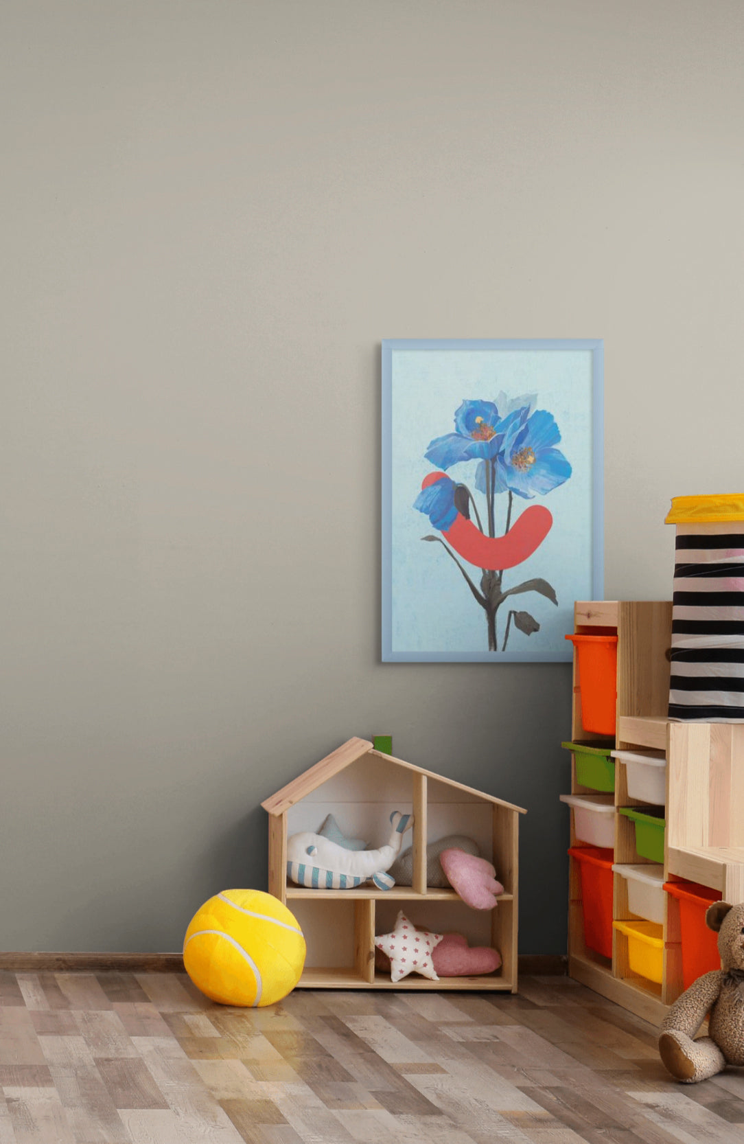 Child’s playroom corner featuring Okay Bouquet 16 with motivating posters and color therapy