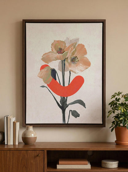 Framed 18"x24" canvas print of peachy poppies with a red-orange smile above a cradenza. 