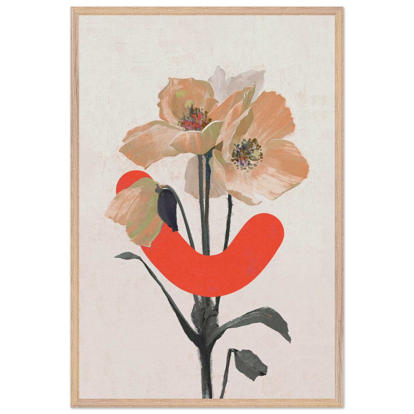 Framed artwork with flowers and a red abstract shape on a light background