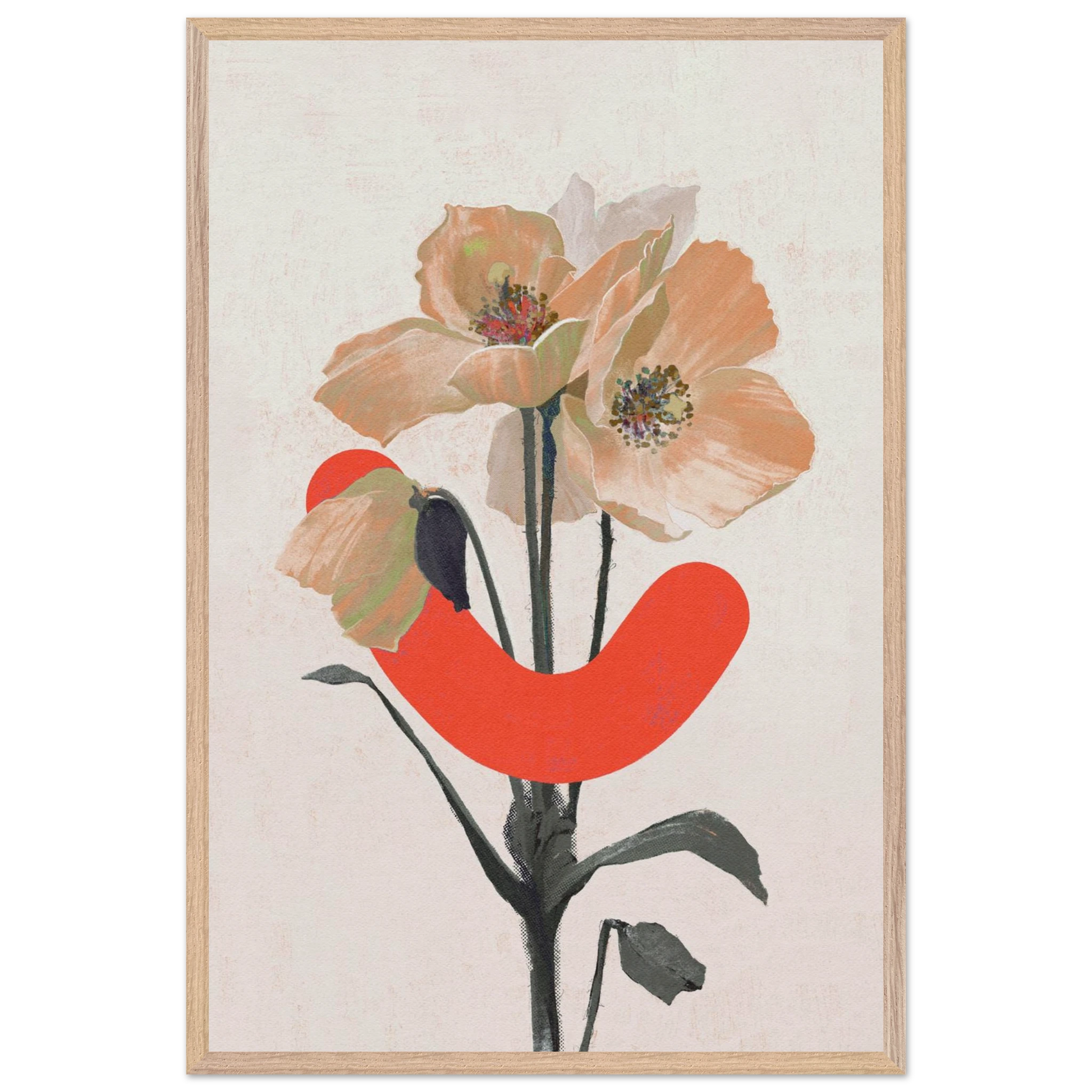 Framed artwork with flowers and a red abstract shape on a light background
