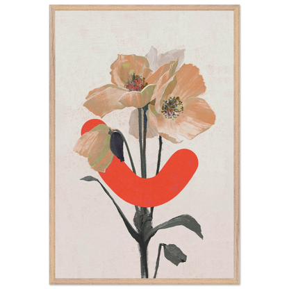 Framed artwork with flowers and a red abstract shape on a light background