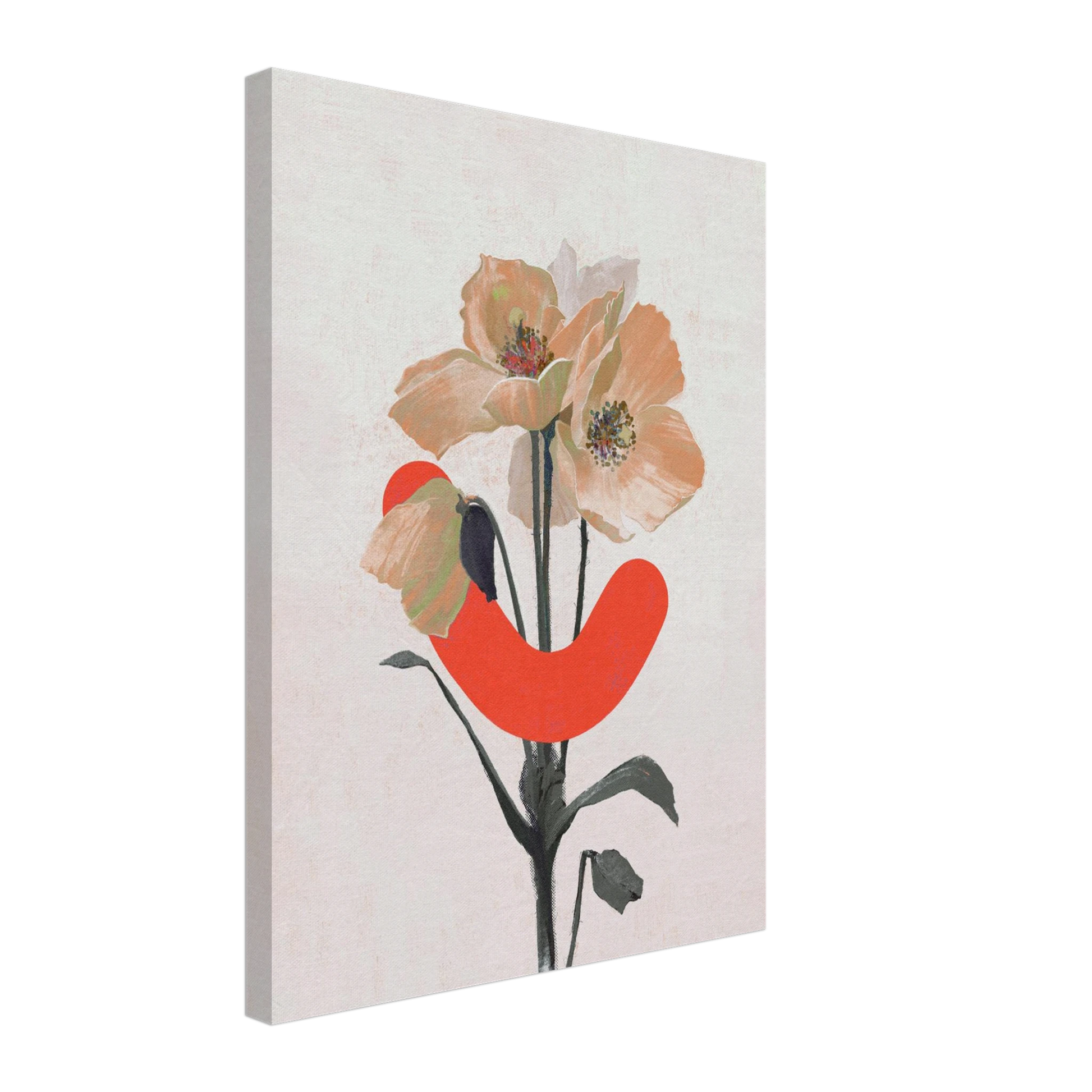 Canvas print with a stylized flower and red abstract shape on a white background