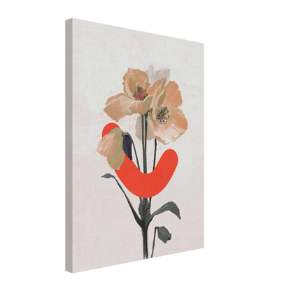 Canvas print with a stylized flower and red abstract shape on a white background