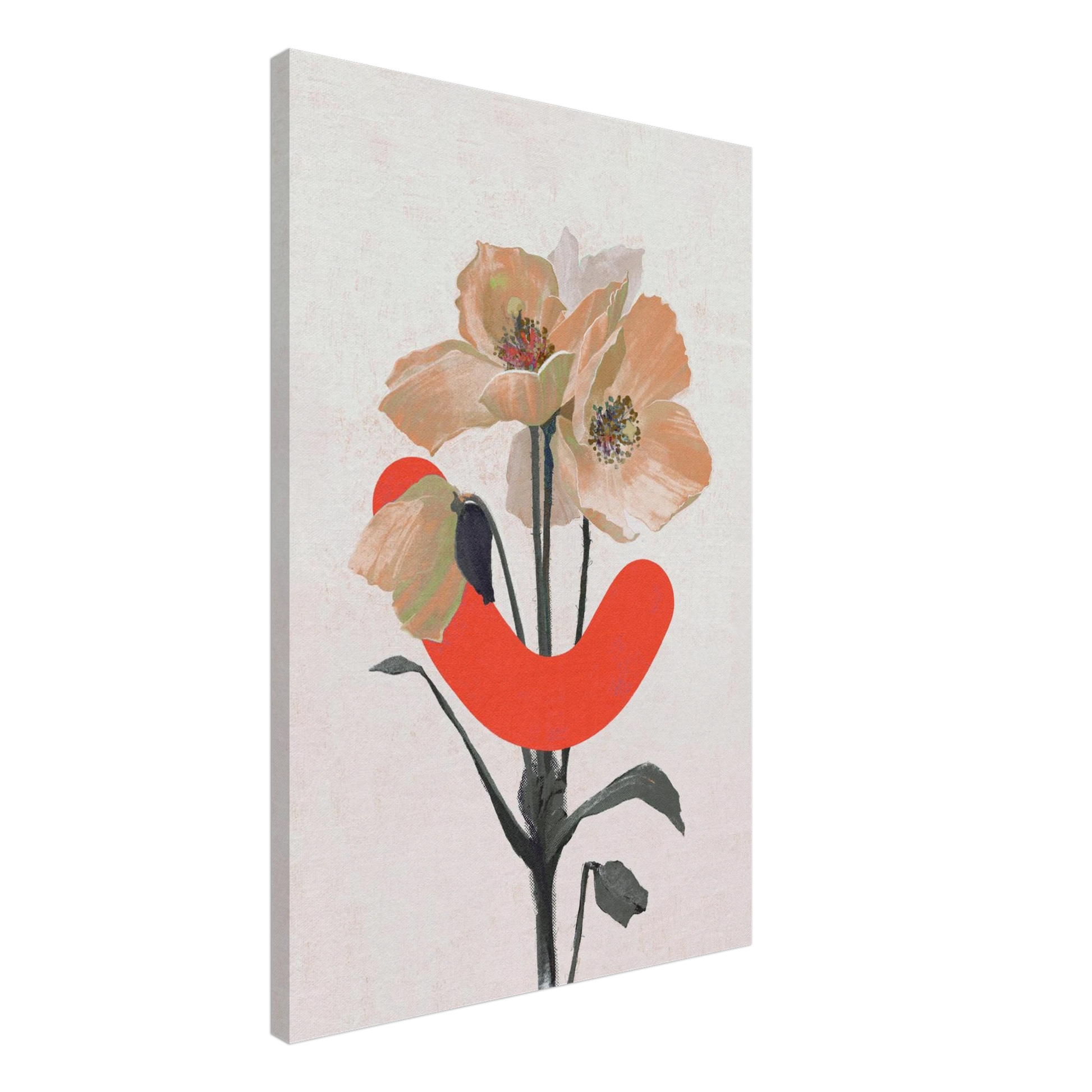 Canvas print with a stylized flower design featuring a red abstract shape on a light gray background.
