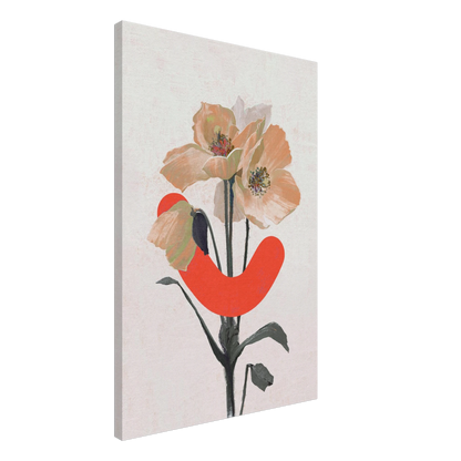 Canvas print with a stylized flower design featuring a red abstract shape on a light gray background.