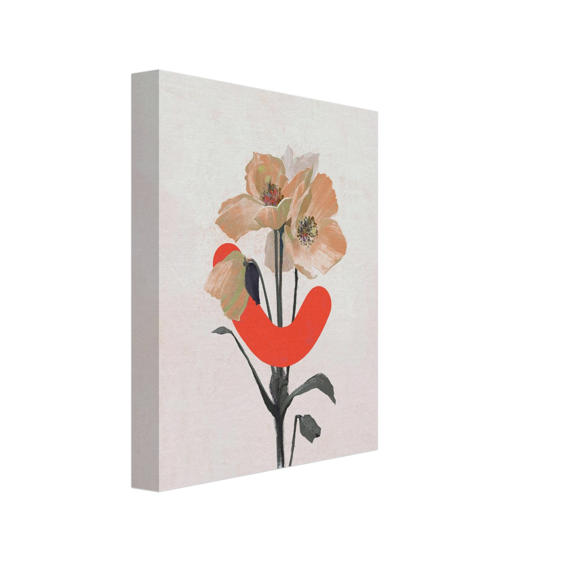 Canvas print with abstract design of flowers and a red curved shape on a white background