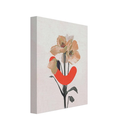 Canvas print with abstract design of flowers and a red curved shape on a white background