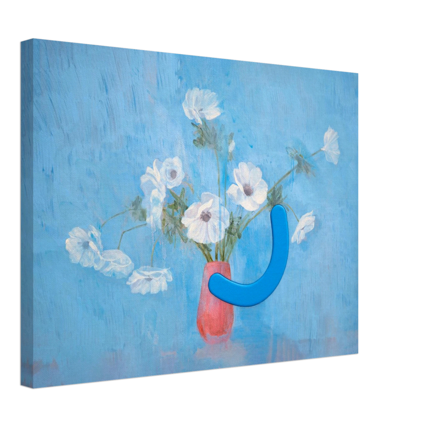 Canvas print of a blue abstract sculpture with white flowers in a pink vase on a blue background