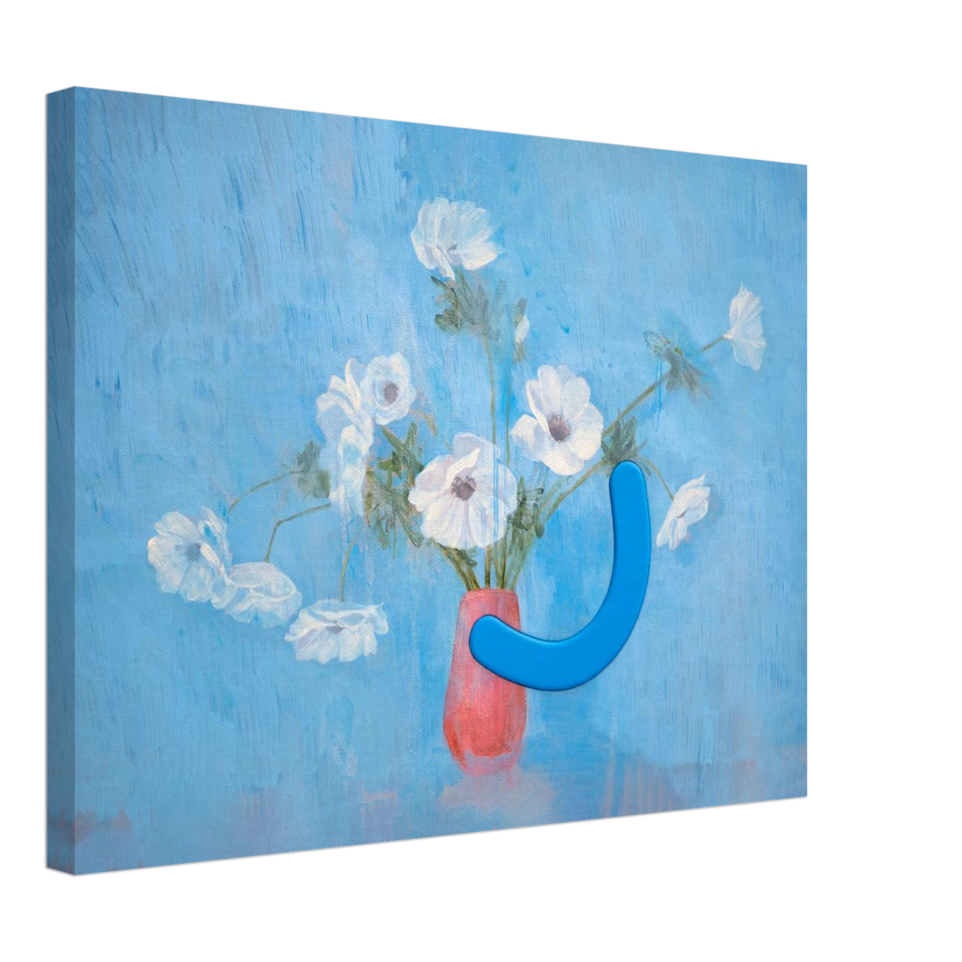Canvas print of a blue abstract sculpture with white flowers in a pink vase on a blue background