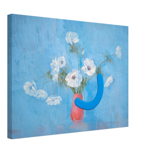Canvas print of a blue abstract sculpture with white flowers in a pink vase on a blue background