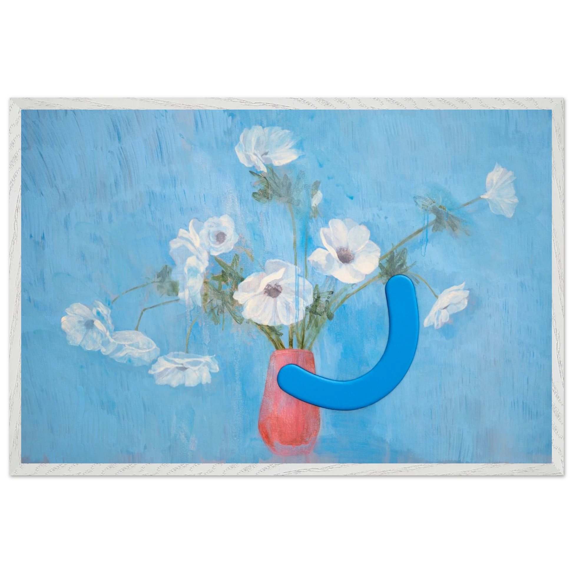 Framed artwork with a vase of flowers and a blue abstract shape on a blue background
