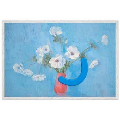Framed artwork with a vase of flowers and a blue abstract shape on a blue background