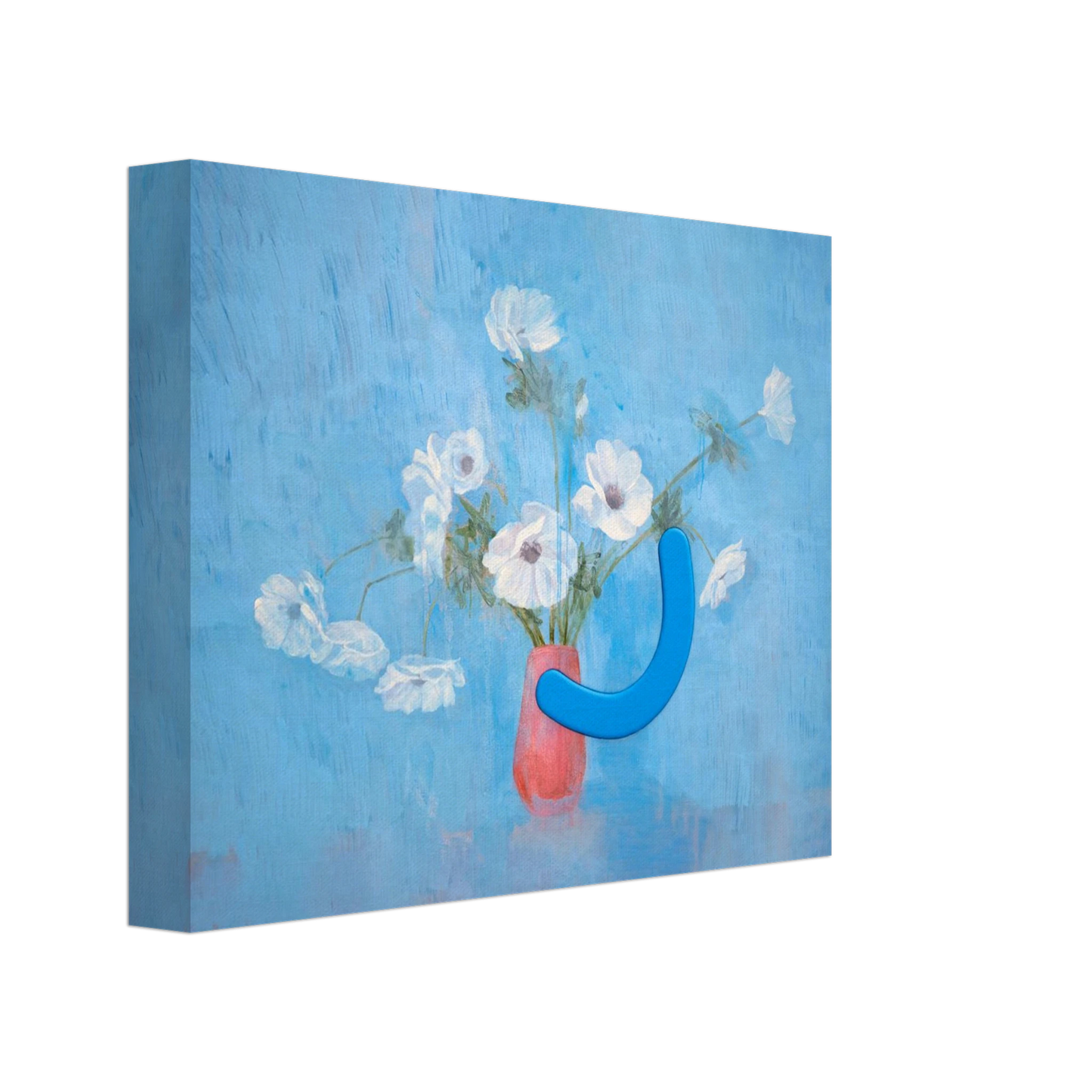 Canvas print with a blue abstract design and a pink vase with white flowers on a blue background