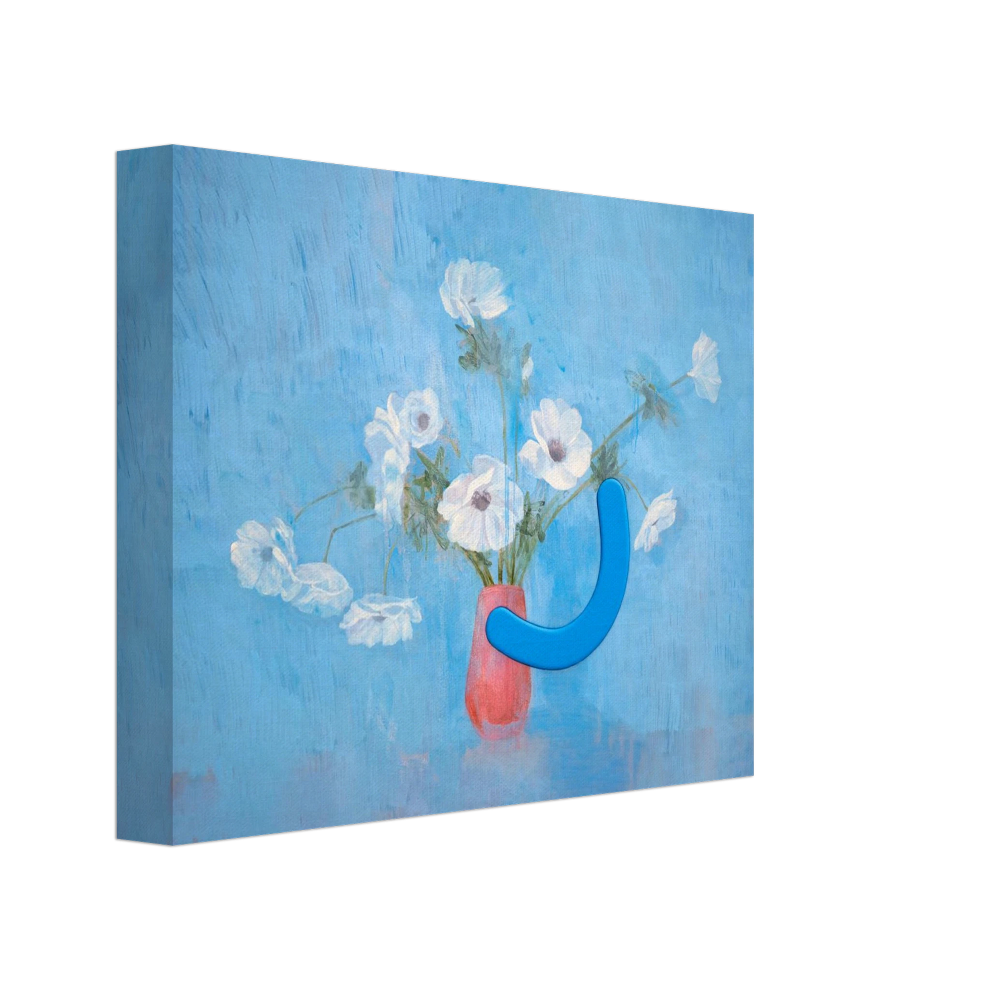 Canvas print with a blue abstract design and a pink vase with white flowers on a blue background