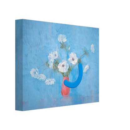 Canvas print with a blue abstract design and a pink vase with white flowers on a blue background