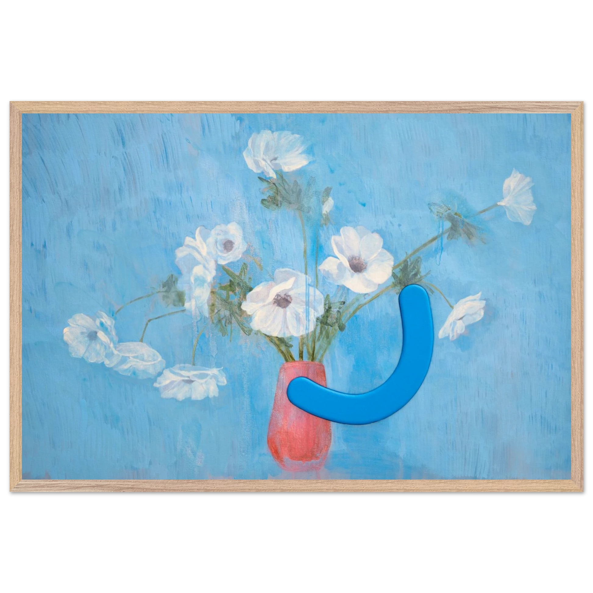 Framed artwork with flowers in a vase and a blue abstract shape on a blue background