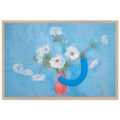 Framed artwork with flowers in a vase and a blue abstract shape on a blue background